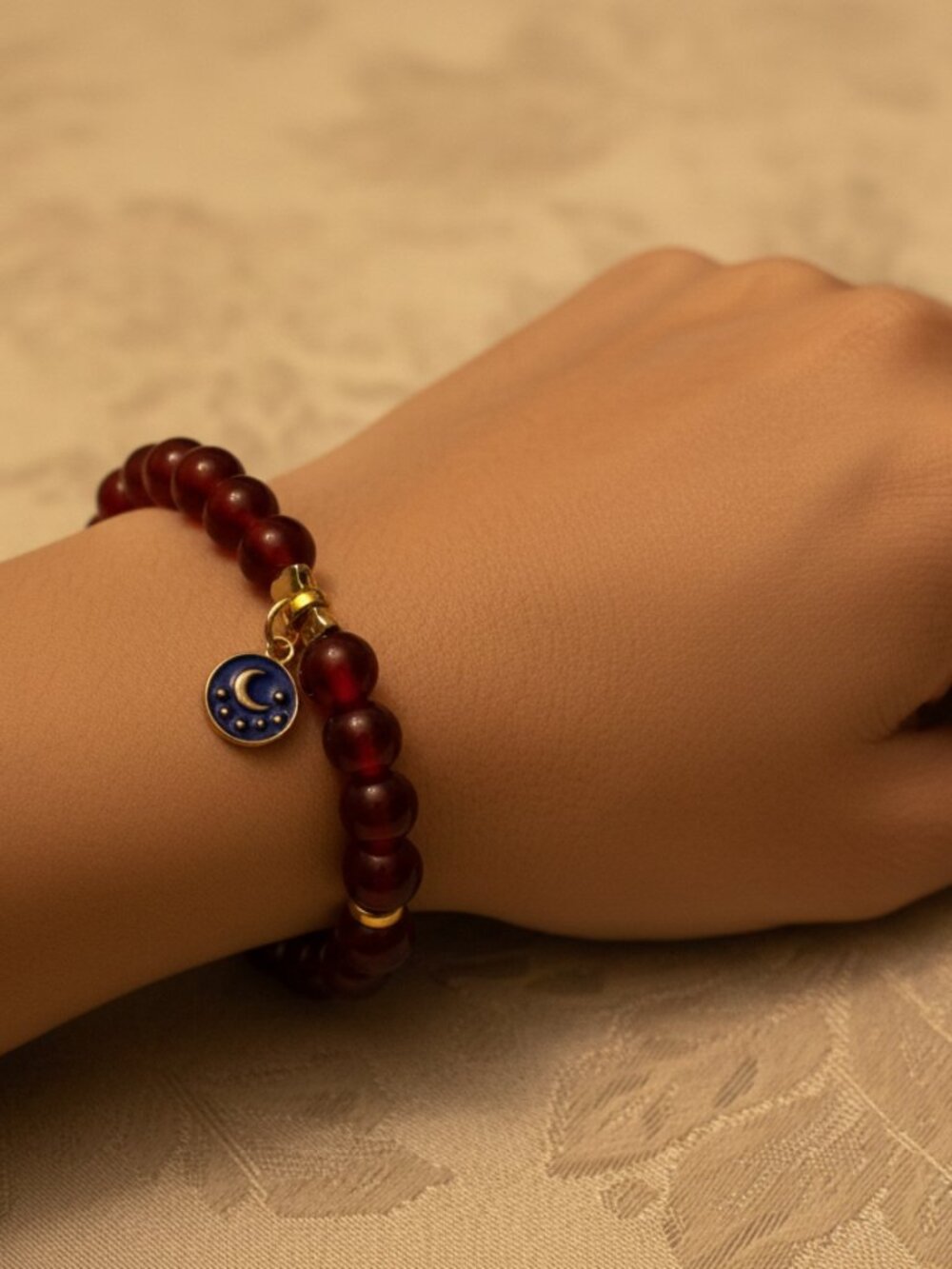 Celestial Midnight Moon Stretch Bracelet • Deep Red Agate & Gold